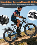 Fat Tire Electric Beast Bike With 1500W Peak Motor 48V 15Ah Battery in use on a hillside, showcasing 7-speed gear system and smooth shifting.