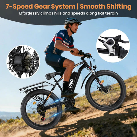 Fat Tire Electric Beast Bike With 1500W Peak Motor 48V 15Ah Battery in use on a hillside, showcasing 7-speed gear system and smooth shifting.