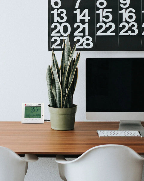 GSM200 Desktop Indoor Air Quality Monitor With CO2 Humidity And Temperature on a wooden desk beside a plant, in an office setup