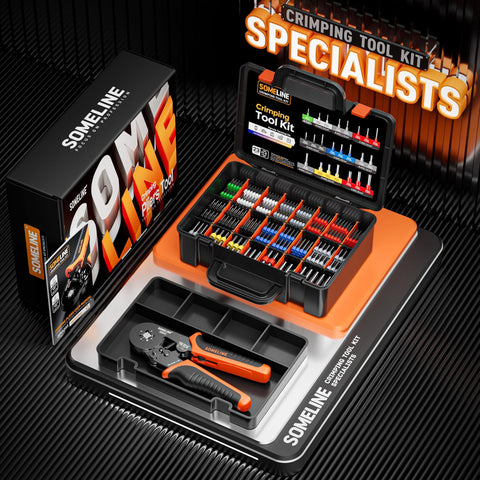 Ferrule Crimping Tool Set Pro Grade With 23 Wire End Ferrules And Storage Case with ratchet pliers and connectors displayed.