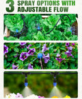 Three spray options of Long Reach Drip Irrigation System Kit with 6 Way Connectors, 230 Feet Tubing for gardens and potted plants.