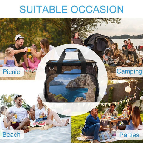 Collage showing Insulated Picnic Backpack Tote Bag 30L Large Capacity Cooler Bag With Leakproof Waterproof Design for various occasions.