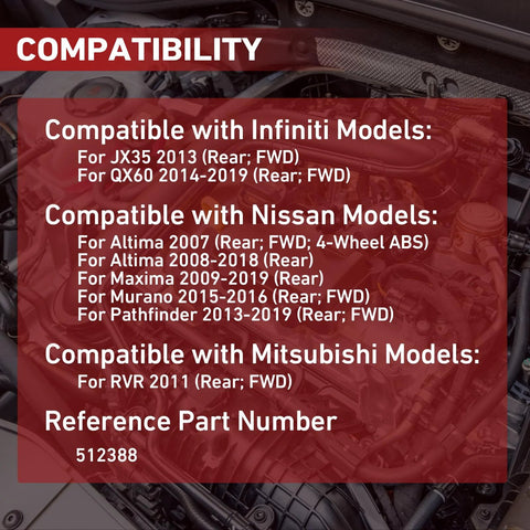 Compatibility chart for 512388 Two Piece Rear Wheel Bearing And Hub Assembly Kit For Nissan Altima Maxima Murano Infiniti JX35 QX60