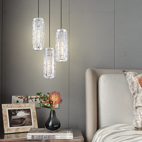 Three Light Crystal Kitchen Island Pendant with Nickel Finish over dining area with modern decor