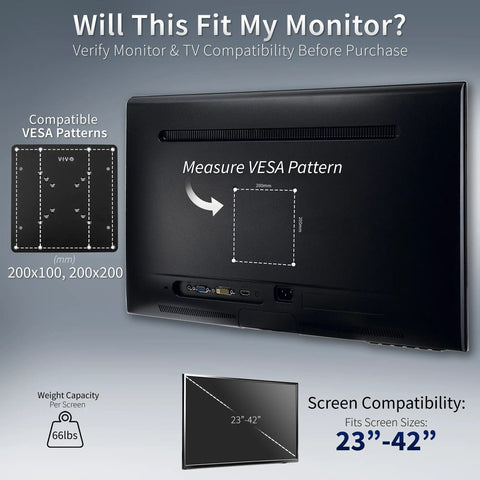 Built Tough VESA Adapter Bracket For TVs And Monitors Max 42 Inches with compatibility guide for VESA patterns 200x100 and 200x200.