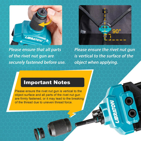16 Inch Rivet Nut Tool Set With Hand Rivet Nut Gun, Comes With 110 Rivet Nuts, showing use instructions and mandrel close-up