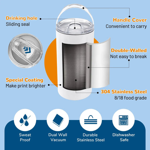 Premium 4 Pack 16 Oz Sublimation Beer Can Cooler Blanks Vacuum Insulated Stainless Steel Tumblers with handle and sliding seal.