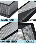 Close-up views of Twofer Pack Black Metal Letter Trays Set For Desk Organization, showing smooth edges, solid structure, and mesh design.