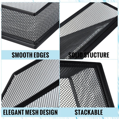 Close-up views of Twofer Pack Black Metal Letter Trays Set For Desk Organization, showing smooth edges, solid structure, and mesh design.