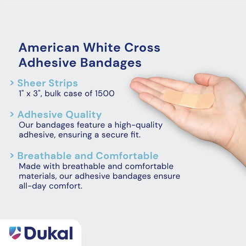 Hand holding a Sheer Strips Adhesive Bandages 1 By 3 Inch, Bulk Case Of 1500, Sterile And Breathable, Great For Schools, Offices And Biz, And First Aid Kits, Ideal For Home, Work Or Travel.