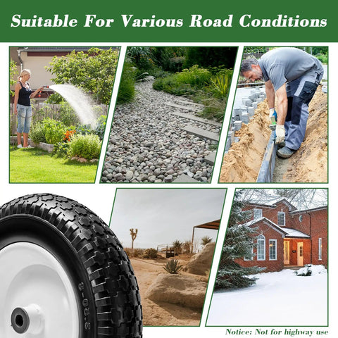 Flat Free 14.5 Inch Wheelbarrow Tire And Wheel Set 3.50-8 Replacement for garden carts on varied terrains