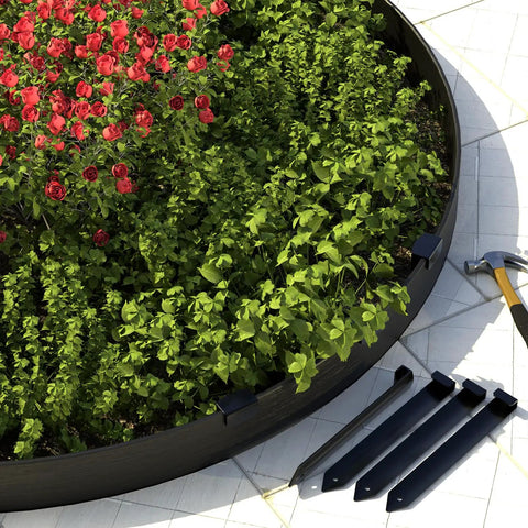 Metal Landscape Edging Stakes Kit With Twenty Pieces Eight And A Half Inch Garden Anchors for terrace boards shown in garden setup.