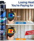 Dead Simple Expanding Foam Insulation Kit With 216 Cans Plus Heavy Duty Trigger Gun And Full Safety Rig shows temperature difference before and after insulation.