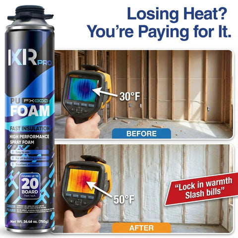 Dead Simple Expanding Foam Insulation Kit With 216 Cans Plus Heavy Duty Trigger Gun And Full Safety Rig shows temperature difference before and after insulation.