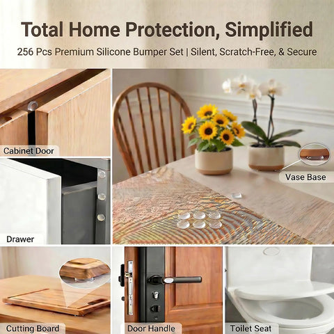 Image of various surfaces featuring 256 Piece Bulk Pack Clear Silicone Cabinet Door Bumpers Sticks Like Glue Half Inch Rubber Furniture Protectors.