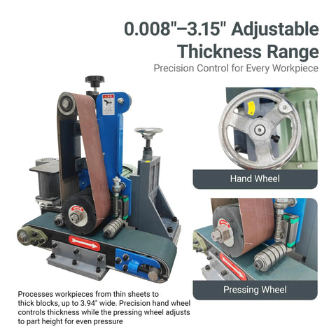 Premium 220V Flat Belt Sander Polisher For Metal And Wood Shop Work, adjustable thickness control, precision hand and pressing wheels.