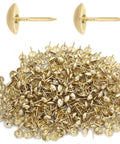 Upgrade Your Furniture Game With These Top Shelf Gold Upholstery Tacks 300 Piece Kit featuring multiple gold tacks with round heads.