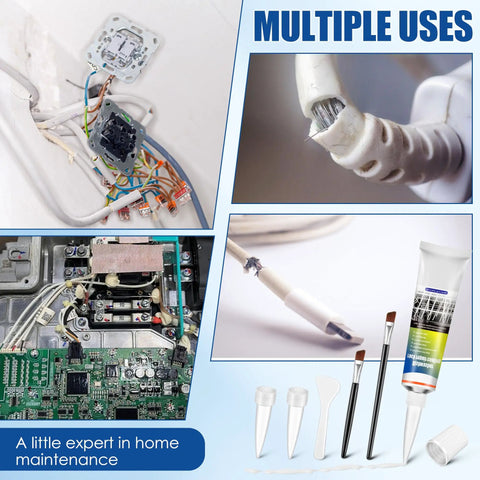 Dishwasher Rack Repair Coating Kit 1.7 Oz White Vinyl Rack Rust Touch Up Paint With Scraper And Brushes Insulation And Waterproof High And Low Temperature Resistant DIY Friendly Corner Application shown with multiple use examples.