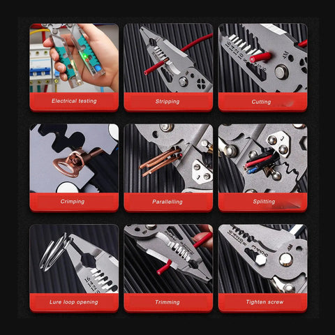 Kickass 12 In 1 Wire Stripper And Crimper Pocket Multitool Pliers showing stripping, crimping, and cutting functionalities.