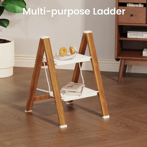 Lightweight Aluminum 2 Step Folding Ladder With Wide Pedals And Anti Slip Grip For Safer Heights Opens To 18 x 20.8 x 24 Inches Folds Down To 25.9 x 18 x 1.9 Inches And Weighs Just 5.73 Pounds For Easy Indoor Or Outdoor Use, used as plant stand