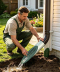 Man installing 4 Inch Angled Yard Drain With Grate Cover For No Fuss Debris Blocking And Steady Water Flow In Flood Prone Lawns Patios