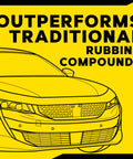 Image with car illustration and text highlighting 'Outperforms Traditional Rubbing Compounds' for Ultimate Compound Pro Grade Car Scratch Remover For Paint Correction That Removes Scratches Swirls Oxidation And Water Spots While Restoring Color Clarity For A Showroom Shine On Single Stage And Clear Coat Finishes 15 Oz.