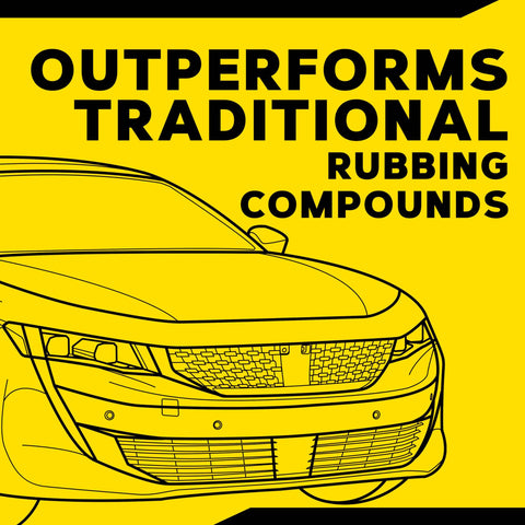 Image with car illustration and text highlighting 'Outperforms Traditional Rubbing Compounds' for Ultimate Compound Pro Grade Car Scratch Remover For Paint Correction That Removes Scratches Swirls Oxidation And Water Spots While Restoring Color Clarity For A Showroom Shine On Single Stage And Clear Coat Finishes 15 Oz.