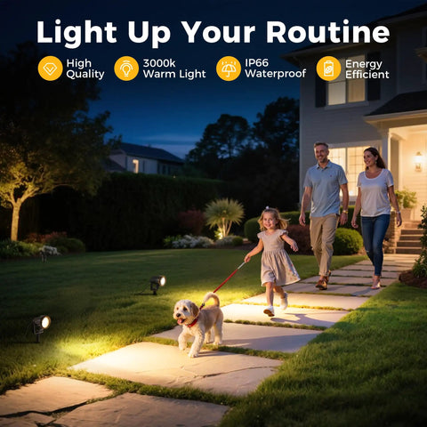 Plug In Outdoor Spotlight Kit 5W Two Pack, 3000K Warm White Landscape Lighting, IP66 Waterproof Round Spotlights illuminating pathway