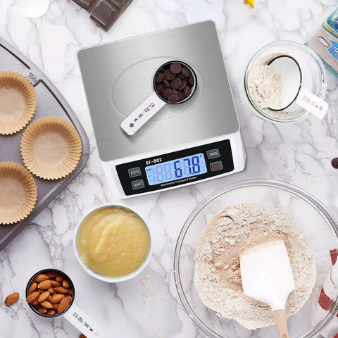 Huge Capacity Digital Kitchen Scale 30kg 66lb With LCD Display Stainless White Featured among baking ingredients on marble countertop.