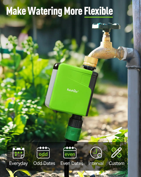 WiFi Hose Timer With Brass Inlet Smart Sprinkler Timer for Garden Hose attached to outdoor faucet, green unit, in garden setting.