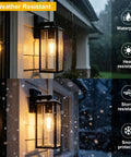 Slick Matte Black Outdoor Wall Sconce With Clear Glass And Rock Solid Frame For Front Door waterproof lantern illuminated in rain.