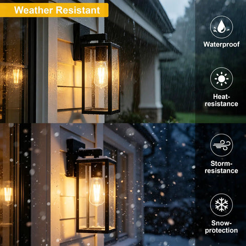 Slick Matte Black Outdoor Wall Sconce With Clear Glass And Rock Solid Frame For Front Door waterproof lantern illuminated in rain.