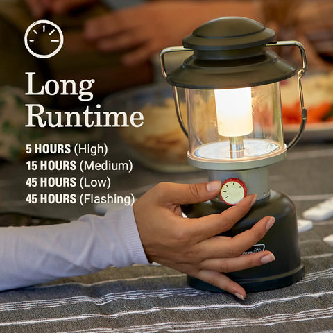 Person adjusting dial on Beast Bright 800 Lumen LED Lantern with USB Charging Ports, showcasing long runtime options.