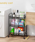 Three Tier Metal Rolling Cart With Mesh Wire Shelving And Wheels, Easy Assembly Utility Trolley For Laundry Room Next to Washer