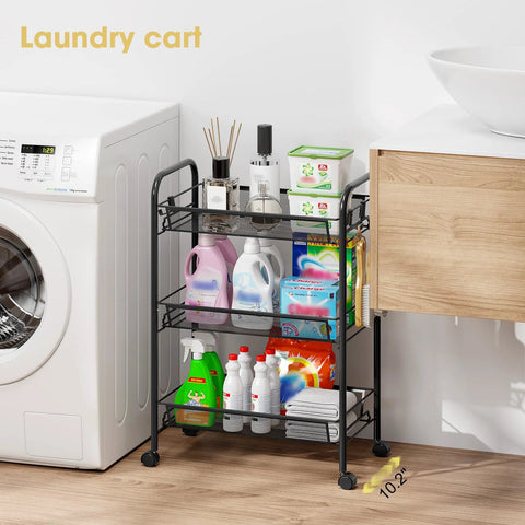 Three Tier Metal Rolling Cart With Mesh Wire Shelving And Wheels, Easy Assembly Utility Trolley For Laundry Room Next to Washer