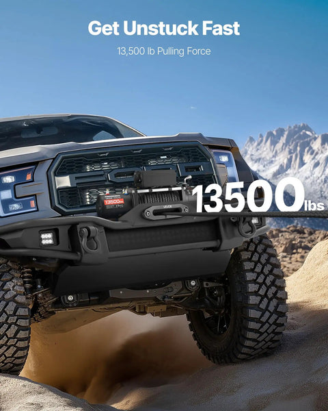 Beefy 13,500 Lb Electric Winch For Off Road Recovery, 12V DC Truck Winch With 3/8 In 85 Ft Synthetic Rope, Wireless And Wired Remote, IP55 Waterproof, Heavy Duty Recovery For SUVs Jeeps Trailers Boats mounted on off-road truck