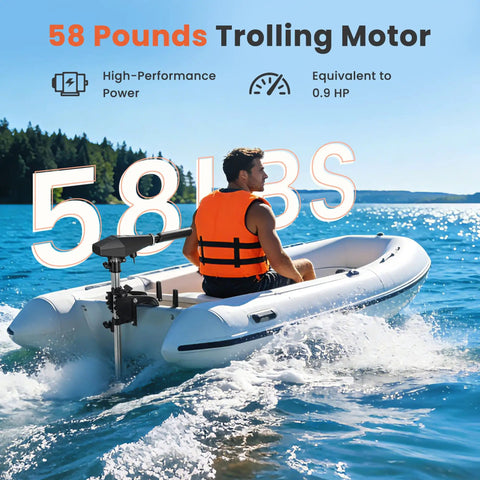 Badass 58 Lbs Brushless Electric Trolling Motor With Stepless Speed Control And 30 Inch Shaft And LED Battery Indicator For Transom Mounted On Kayak Or Fishing Boat in action on a calm lake.