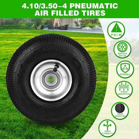 10 Inch Pneumatic Wheel Set With 4.10/3.50-4 Tire, 2.2 Inch Offset Hub And 5/8 Inch Bearings against lawn backdrop