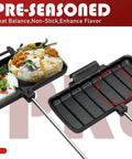 Double Cast Iron Pie Iron For Camping Large Portable Campfire Pie Maker with food shown