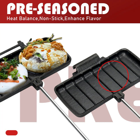 Double Cast Iron Pie Iron For Camping Large Portable Campfire Pie Maker with food shown