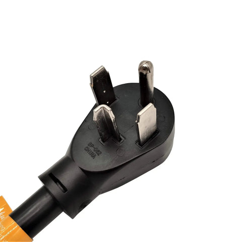 Close-up of the four-prong NEMA 14-30P plug of Heavy Duty Dryer Splitter Cord For EV And RV Use, 30 Amp 250 Volt, black connector
