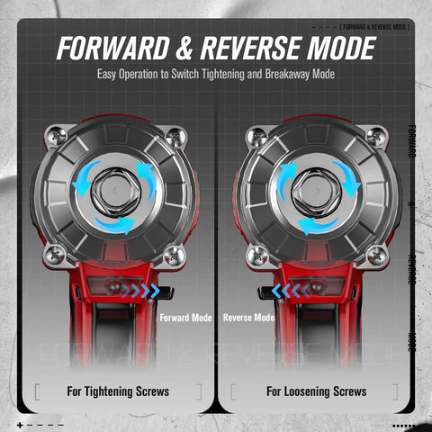 Forward and reverse mode of Brushless Half Inch Cordless Impact Wrench 20V With 3 Speeds Up To 370 Ft Lbs Torque 500 Nm 3.0Ah Battery