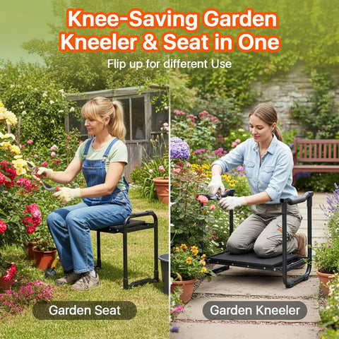 Heavy Duty Garden Kneeler And Seat With Extra Wide 10.2 Inch Kneeling Pad And 1.6 Inch Foam Cushion, Foldable Garden Stool With Two Tool Pouches