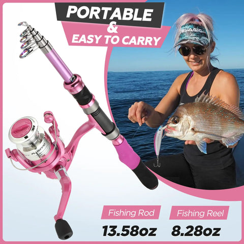 Pink Ladies Telescopic Fishing Pole And Reel Combo Kit For Women And Girls All In One Beginner Friendly Starter Fishing Kit With Spinning Reel Lures Line And Accessories Easy Setup Lightweight Great Gift, shown with person fishing