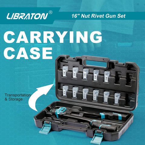 Carrying case of 16 Inch Rivet Nut Tool Set with Hand Rivet Nut Gun, 11 Interchangeable Mandrels and 110 Rivet Nuts