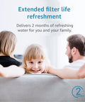 Child smiling over sofa with parents nearby, promoting Replacement Coffee Water Filter Pack of 2 for Gaggia Philips Saeco Brita Intenza.