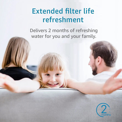 Child smiling over sofa with parents nearby, promoting Replacement Coffee Water Filter Pack of 2 for Gaggia Philips Saeco Brita Intenza.