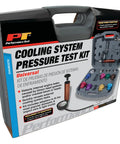 Hassle Free Cooling System Pressure Testing Kit With Extra Tough Hand Pump And Twelve Adapters for domestic use in travel case.