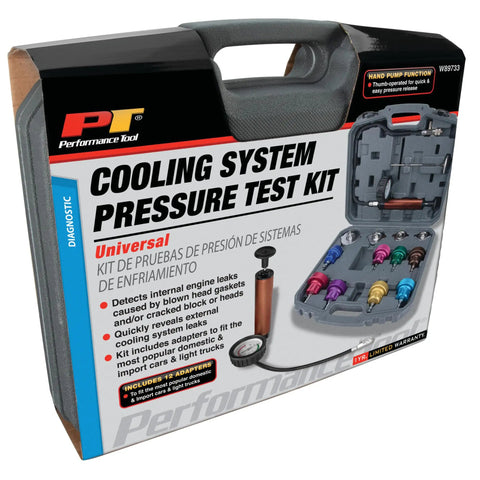 Hassle Free Cooling System Pressure Testing Kit With Extra Tough Hand Pump And Twelve Adapters for domestic use in travel case.