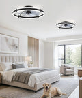 ZMISHIBO 2 Pack 24 Inch Ceiling Fans with Lights and Remote, Black installed in modern bedroom with light and dog
